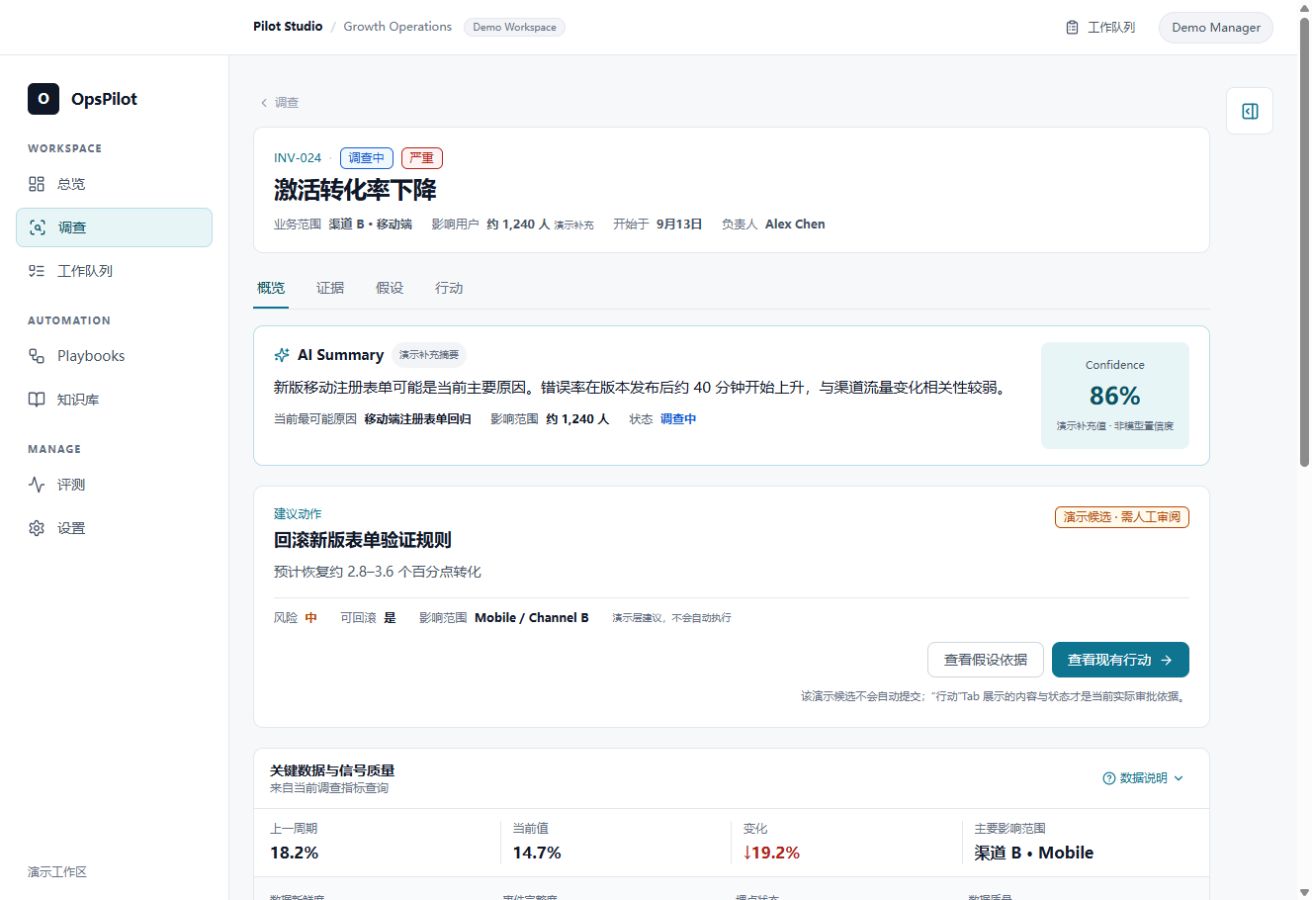 OpsPilot 新版调查概览:异常指标、AI 摘要与待人工审阅的建议动作